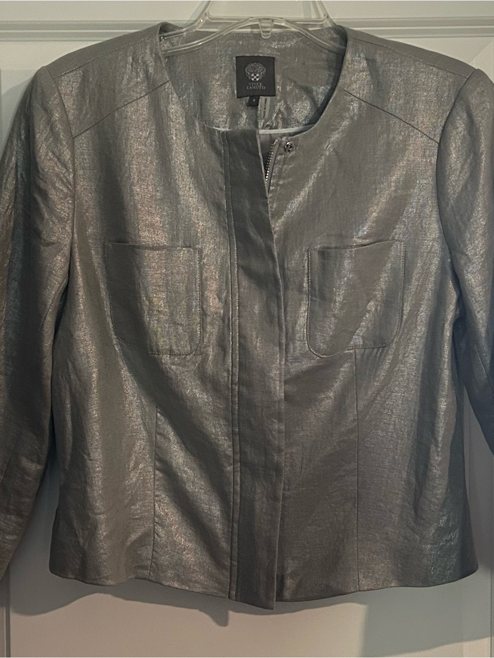 Vince Camuto Metallic Silver Collarless Leather Jacket
